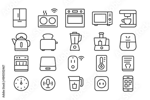 Home kitchen appliances icons: fridge, oven, blender, kettle, air fryer, toaster