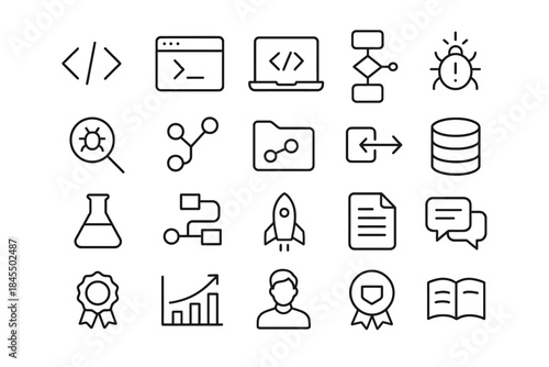 Software development icons: coding, debugging, data management, workflow, analytics