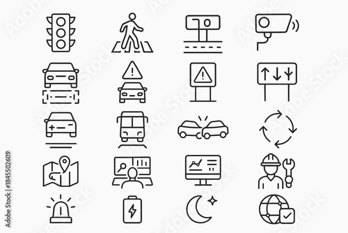 Traffic and safety icon set featuring cars, signs, and cameras
