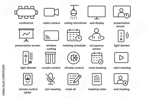 Meeting and conference technology icons for efficient office setup