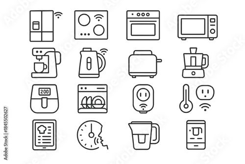 Smart kitchen appliances line icons: fridge, oven, microwave, toaster, blender, dishwasher