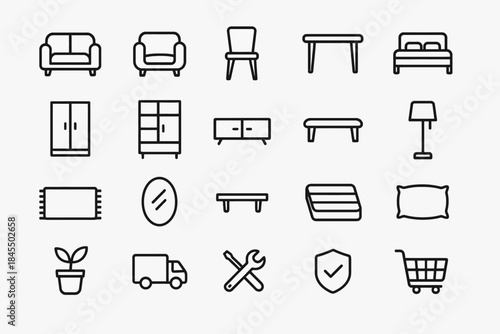 Minimalist home furniture icon set: chairs, tables, lamp, bed, wardrobe, tools, plant, cart
