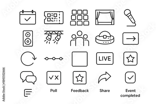 Event management icons: calendar, speaker, stage, poll, feedback