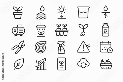 Collection of black outline gardening and plant care icons with various symbols