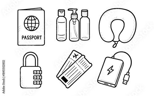 Travel essentials icons: passport, toiletries, neck pillow, lock, tickets, and power bank