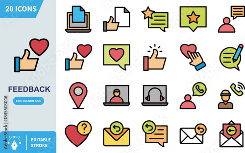 Collection of twenty colorful line art icons representing user feedback customer service communication and social media interaction elements on white background