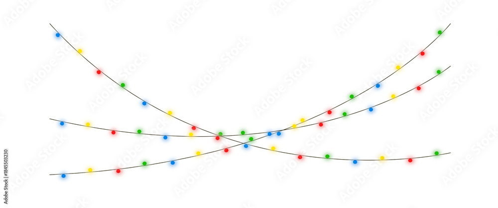 Naklejka premium Realistic vector Christmas lights set, glowing colorful bulbs in red, blue, green, yellow. Hanging string light garlands with soft illumination Transparent Background