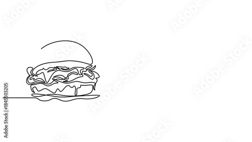Burger. One line drawing animation with alpha channel, Animated self drawing of continuous line draw of Silhouette of fast food restaurant burger with cheese, cutlet and salad. Full length one line