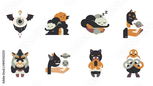 Abstract illustrations of various characters in a flat vector style