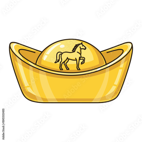 Illustration of a gold ingot with a horse design, symbolizing prosperity and good fortune during Chinese New Year 2026, against a clean white background.