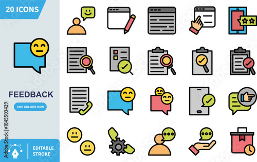 Collection of twenty editable stroke line icons representing customer feedback surveys reviews and satisfaction ratings on white background