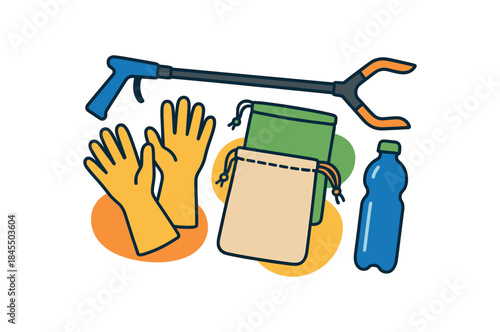 Flat vector illustration of colorful eco cleanup toolkit flat lay: grabber gloves reusable sacks water bottle