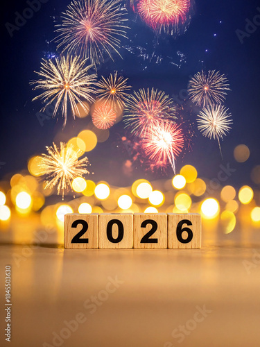 2026 New Year Celebration With Wooden Number Blocks, Vibrant Fireworks, And Dreamy Defocused Lights Creating A Festive Eve Night Atmosphere