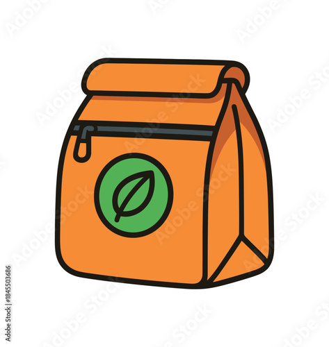 Flat vector illustration of bright reusable lunch bag with zipper and bold leaf icon patch