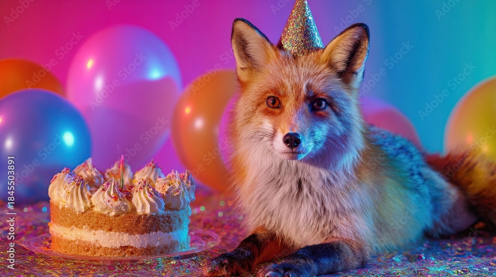Naklejka premium fox is lying next to cake with cream and sprinkles. Colorful balloons surround scene. fox is wearing party hat and has curious look on its face