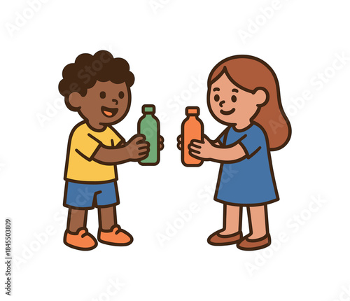 Flat vector illustration of bright kid trading reusable bottles with friend as matching set