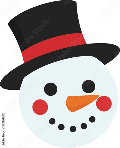 Vector illustration of a cute snowman face wearing a black top hat with a red band, featuring a carrot nose and rosy cheeks.