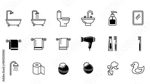 Bathroom essentials icon set bathtub toilet mirror accessories minimal design