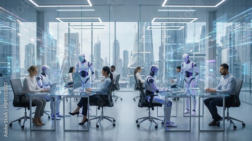 Futuristic Office Where Robots and Humans Collaborate on Data Driven Business Projects
