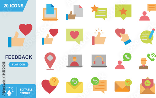 Collection of twenty flat design icons representing customer feedback communication support and user interaction elements on white background