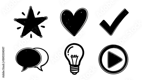 Black and white doodle icons star heart check speech idea and play