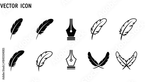 Black and white feather and pen icons set for design and illustration