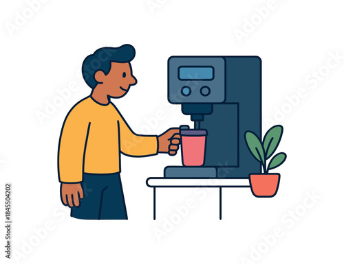 Flat vector illustration of colorful employee refilling reusable mug at office coffee machine