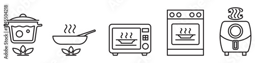 Kitchen appliance symbols linear icons for food preparation isolated on transparent background. Includes oven, frying pan, air fryer, pot, deep fryer, and microwave. Editable stroke.