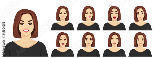 Business woman character set with different facial expressions. Avatar and emotion collection. Isolated vector illustration