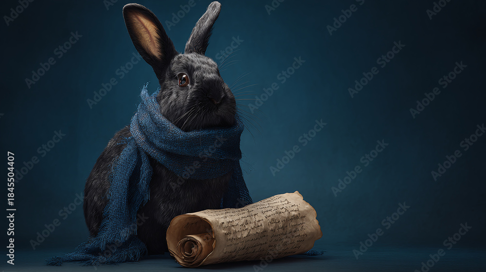 Obraz premium A studio shot of a black rabbit wearing a blue scarf and holding a scroll. The rabbit looks regal and elegant.