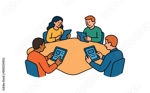 Flat vector illustration of colorful paperless meeting : tablets on table no printed sheets