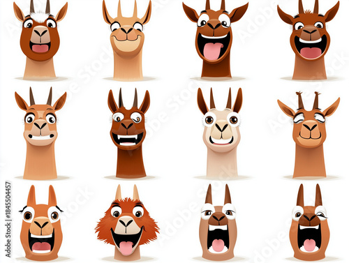 Cartoon llama and alpaca faces making funny expressions