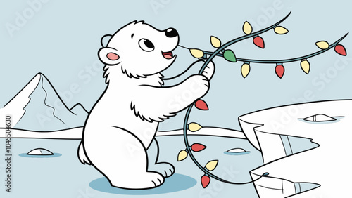 Cute polar bear decorating with Christmas lights winter holiday illustration for festive greeting ca