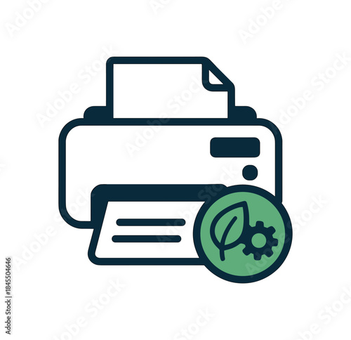 Flat vector illustration of bright office printer set to eco mode icon with leaf and gear symbols
