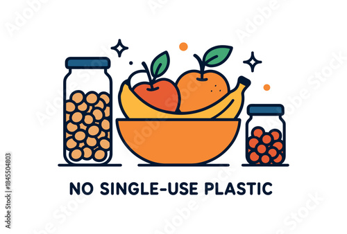 Flat vector illustration of bright no singleuse plastic office snack : fruit bowl and reusable jars
