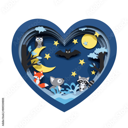 Paper-cut animals forming a heart in a deep blue night scene  