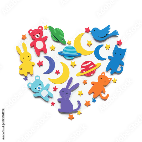 Colorful paper-cut animals and stars forming a heart shape  