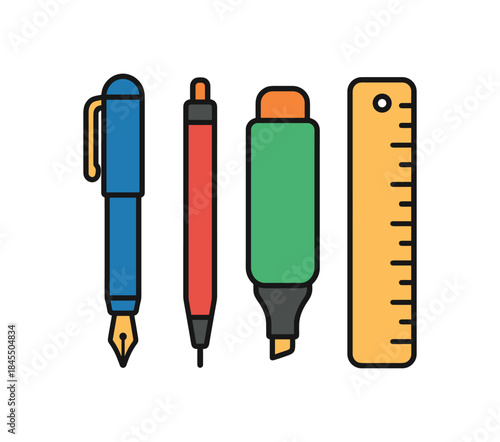 Flat vector illustration of colorful reusable office supplies: refillable pen mechanical pencil metal ruler