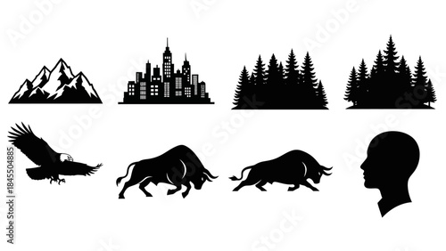 Black silhouette illustrations of animals buildings and nature elements