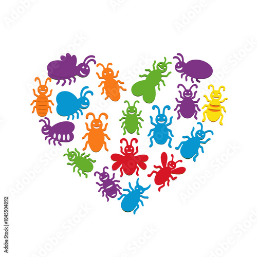 Colorful paper-cut insects forming a heart shape on white background  