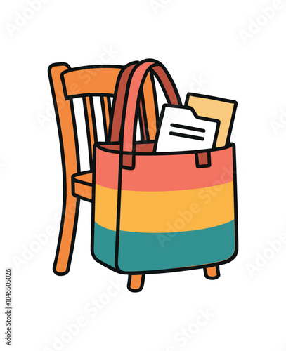 Flat vector illustration of colorful reusable tote bag hanging on chair with office documents inside