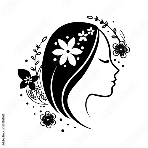 Woman head with flowers in hair floral