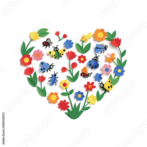 Colorful paper-cut flowers and insects arranged in a heart  