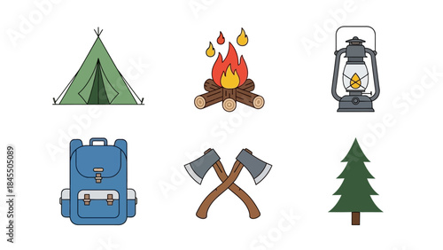Camping equipment icons tent campfire lantern backpack axes and pine