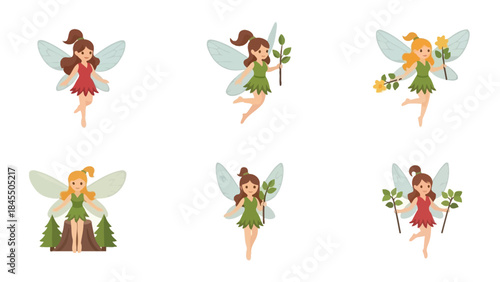 Cartoon fairies with wings holding flowers or branches set on white background