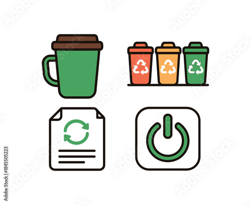 Flat vector illustration of bright ecofriendly office icon 4 (reusable mug recycling bins doublesided paper power off switch) isolated on