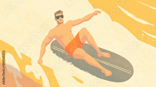 Man surfing on a surfboard in the ocean with waves and splashes of water. A stylized illustration of a man enjoying a summer day surfing on a wave, with a bright yellow and orange abstract background.