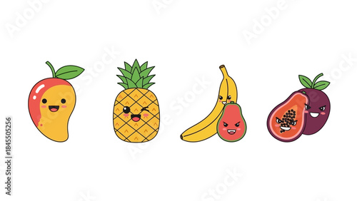 Cartoon fruits collection with happy faces isolated on white background