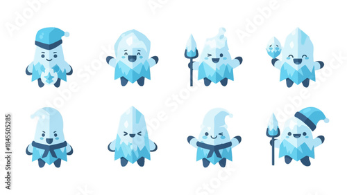 Cartoon ice creatures with various poses and accessories against white background