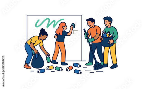 Flat vector illustration of colorful young adults cleaning graffitifree area and gathering cans